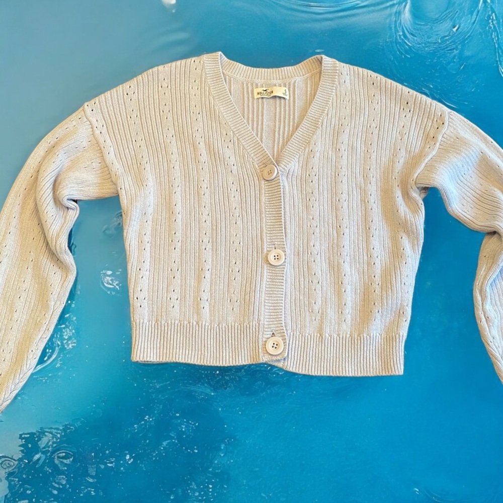 Hollister Blue Pointelle Knit Cropped Cardigan Sweater V-Neck Size S